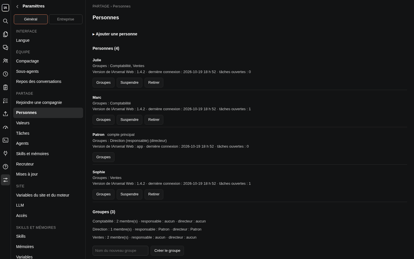 Settings, Sharing: four people organized in groups, with Suspend and Remove